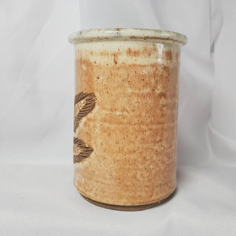 Stoneware Wheat Country Motif Vase/Beech Holder Artisan Studio Art 5.5